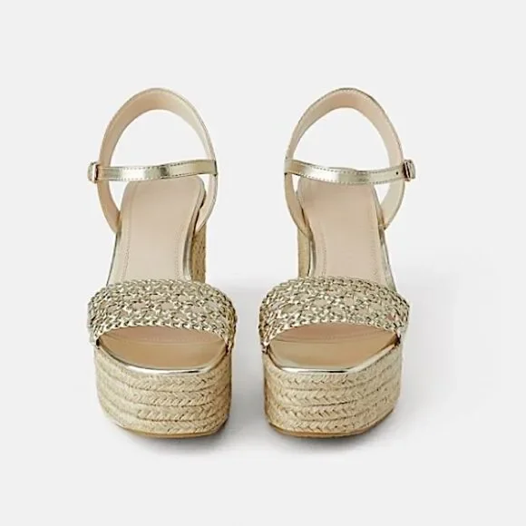Zara Braided Gold Platform Wedge Esapadrille - Picture 3 of 12